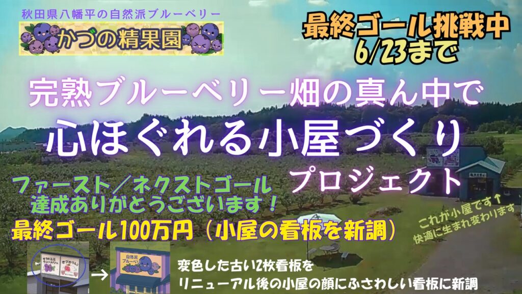 作品例：かづの精果園 クラウドファンディングのページの表紙（目標達成の表示）